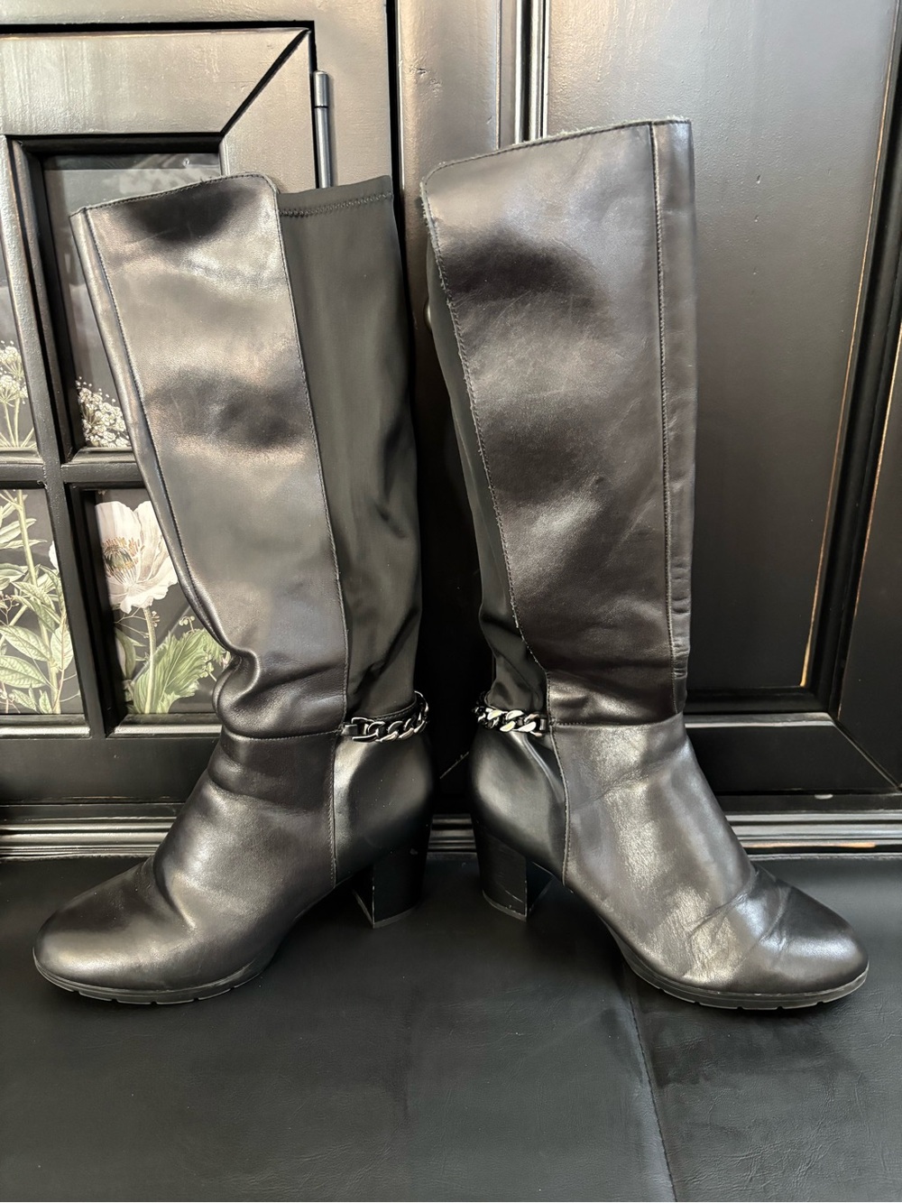 Women’s Anne Klein Flex Black Leather Knee-High Boots with Chain Detail
